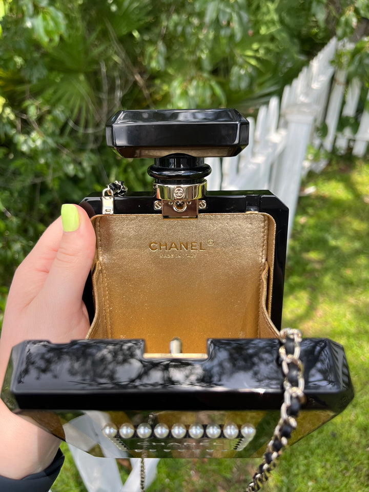 Chanel Perfume Bottle Minaudiere Pearl Embellished Plexiglass