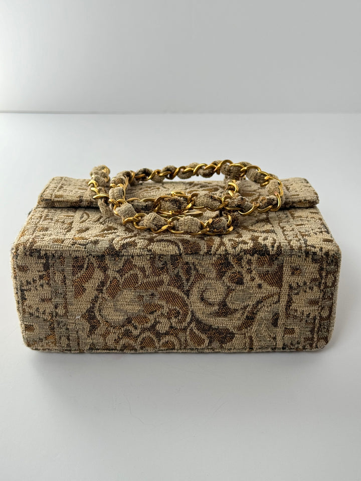 Chanel 1991 Bronze Metallic Brocade Vintage Mini Square Flap Bag