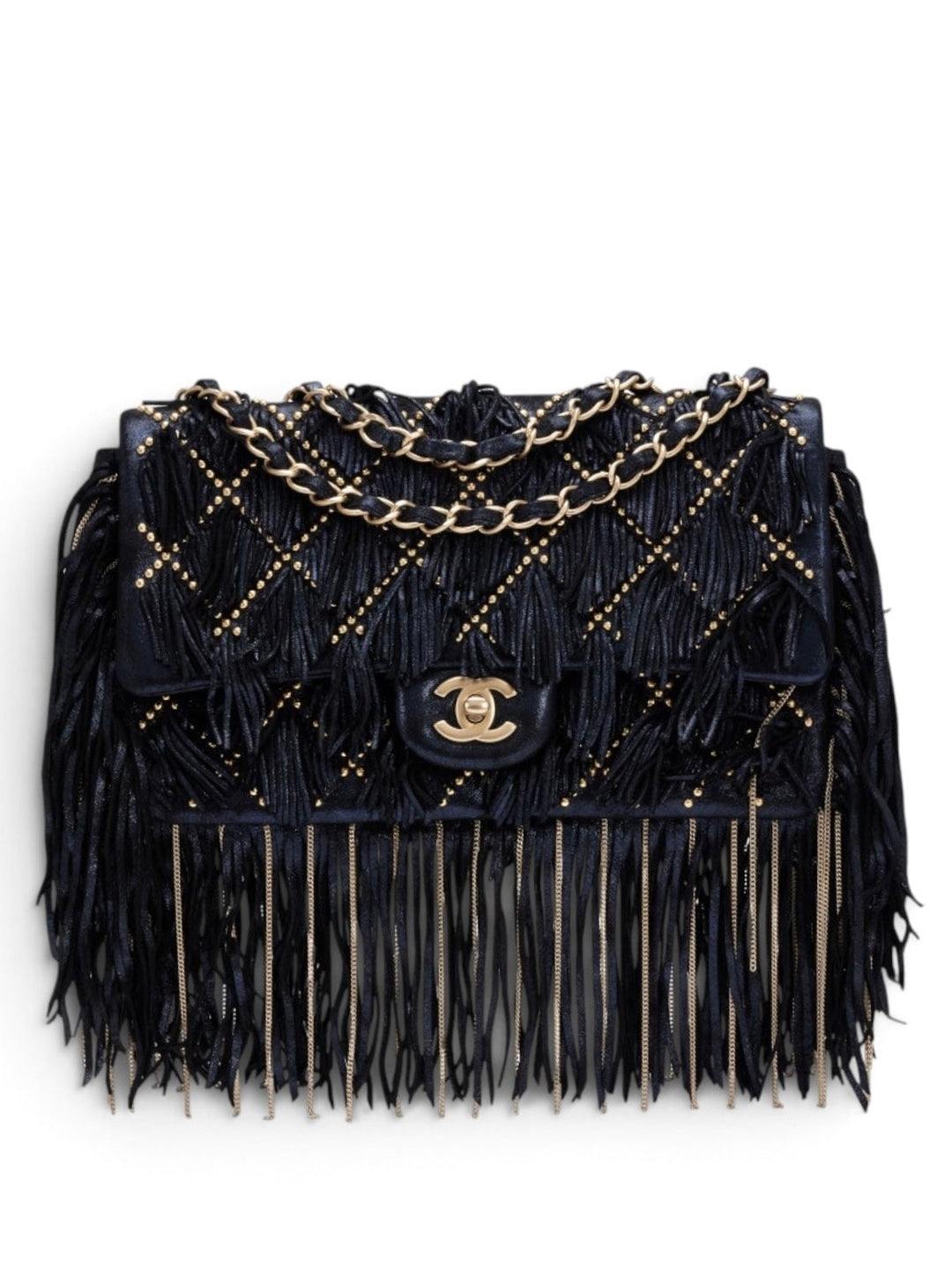 Chanel Paris-Dallas Medium Fringe Flap Bag Black Iridescent Leather Brushed Gold Tone Hardware 2014