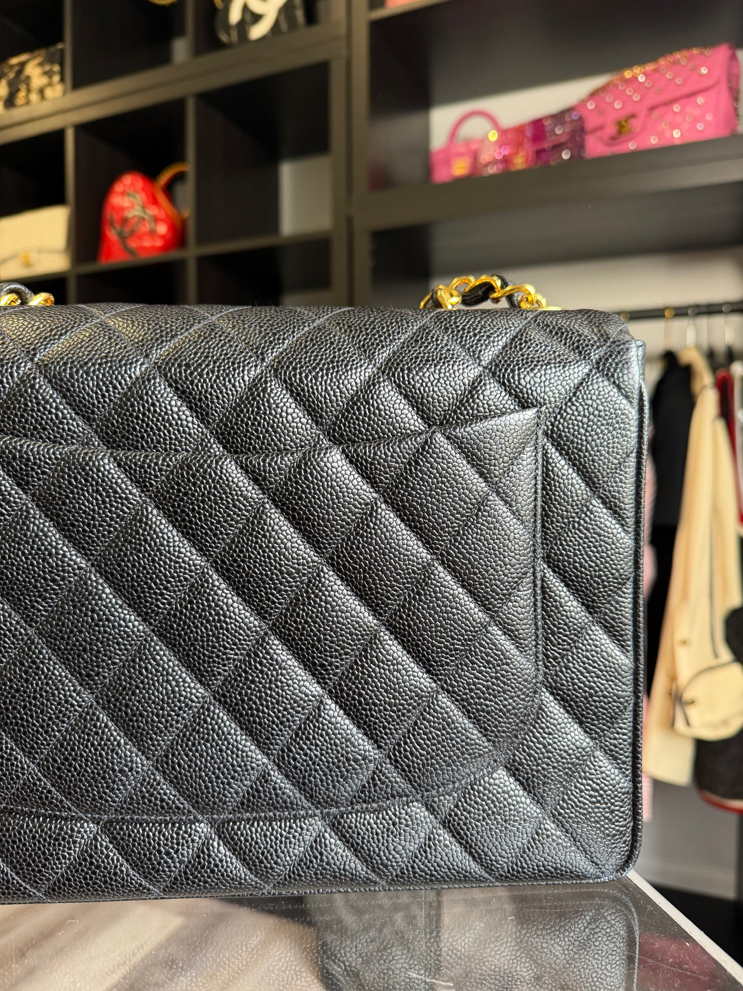 Chanel Classic Flap Jumbo Black Caviar 24K Gold Hardware 1994