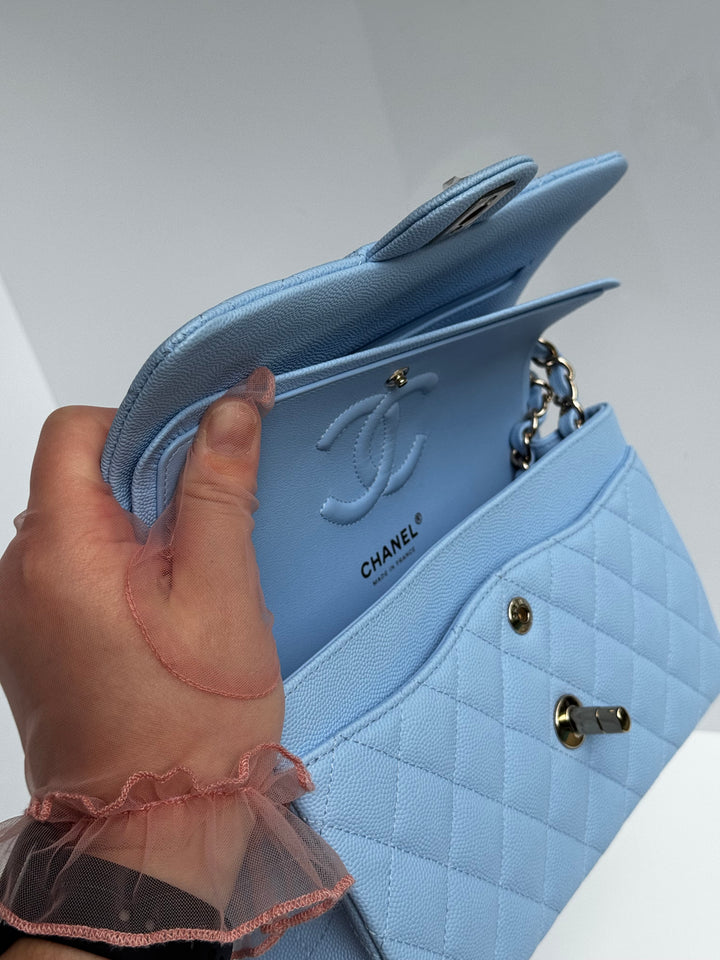 Chanel Small Classic Double Flap Caviar Light Blue Light Gold Hardware 2023