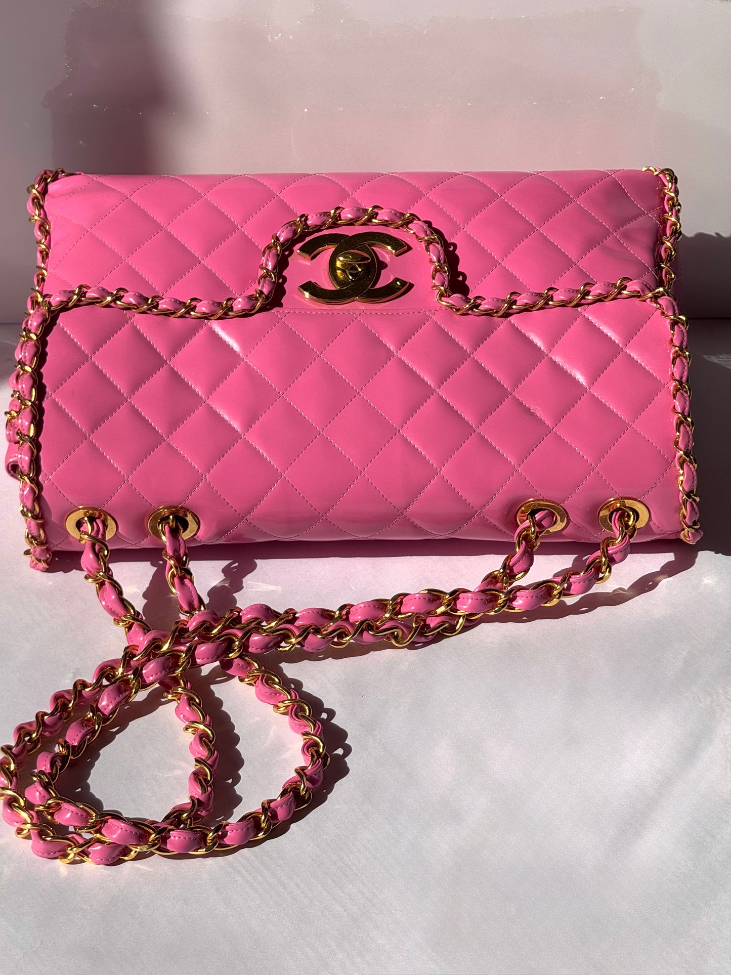 Chanel 1995 Jumbo Barbie Pink Chain Around Flap Bag