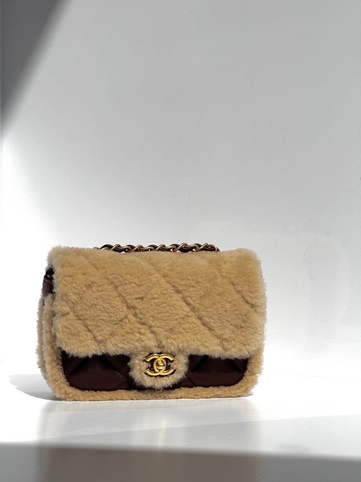 Chanel 25K Brown Mini Shearling Flap Bag