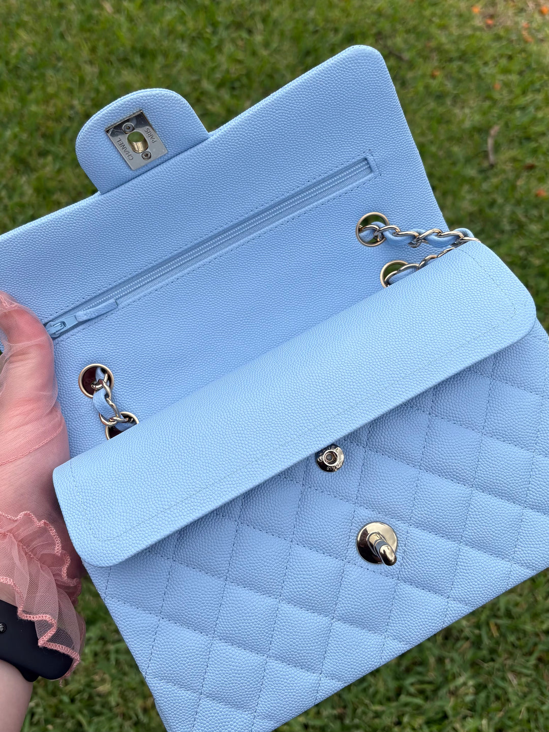 Chanel Small Classic Double Flap Caviar Light Blue Light Gold Hardware 2023