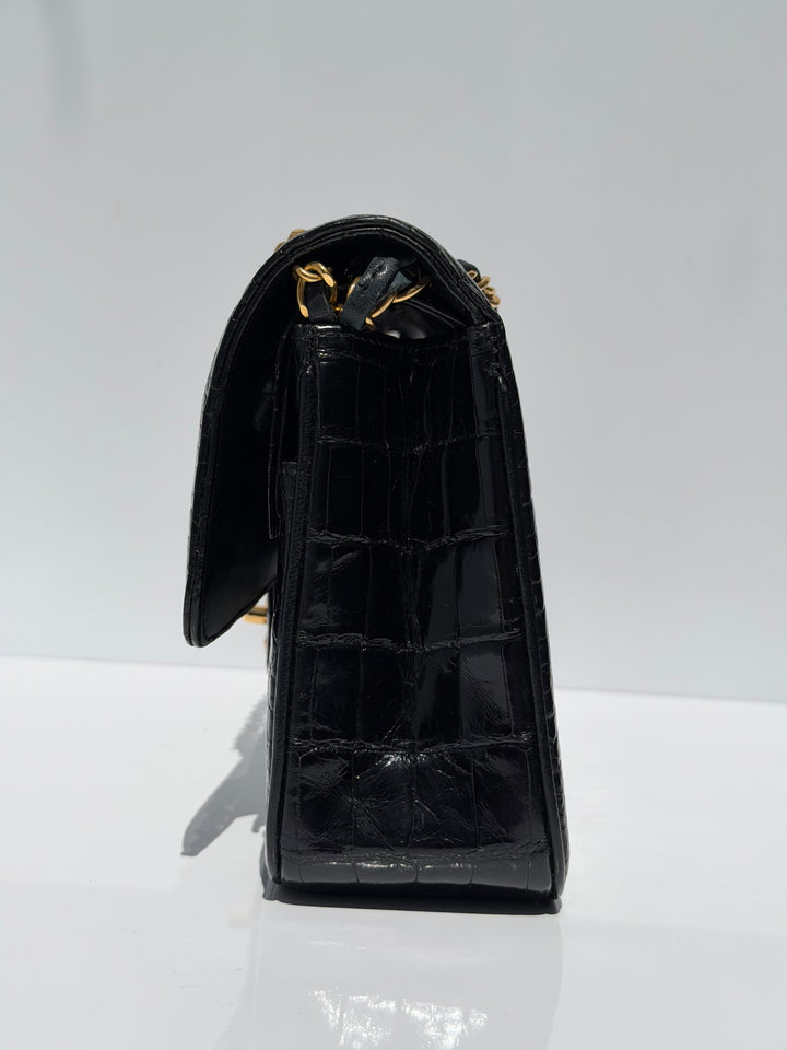 Chanel Medium Classic Flap Bag Alligator Black 24K Plated Gold Hardware 1997