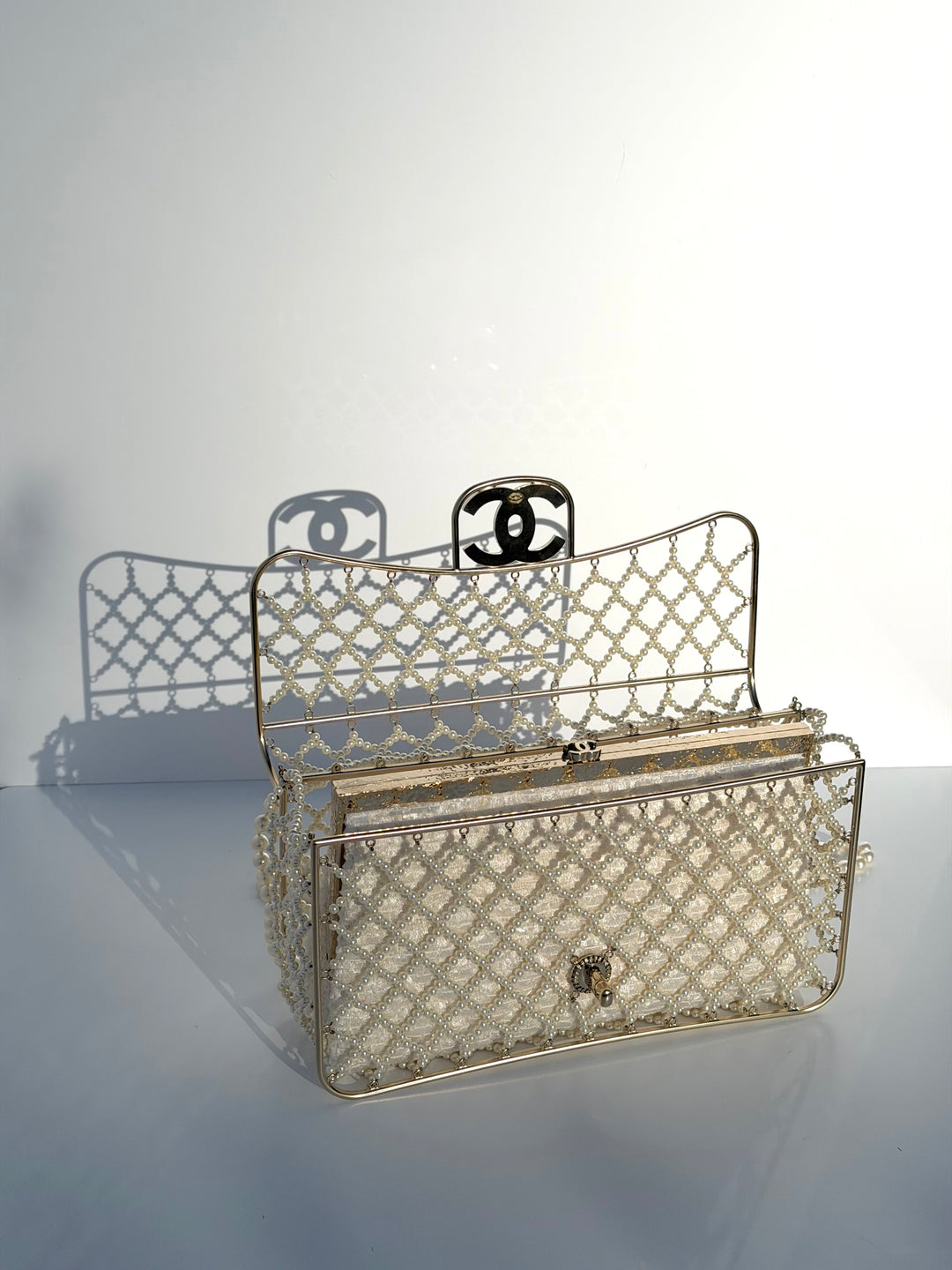 Chanel 2014 Pearl Embellished Caged Flap Minaudière Bag