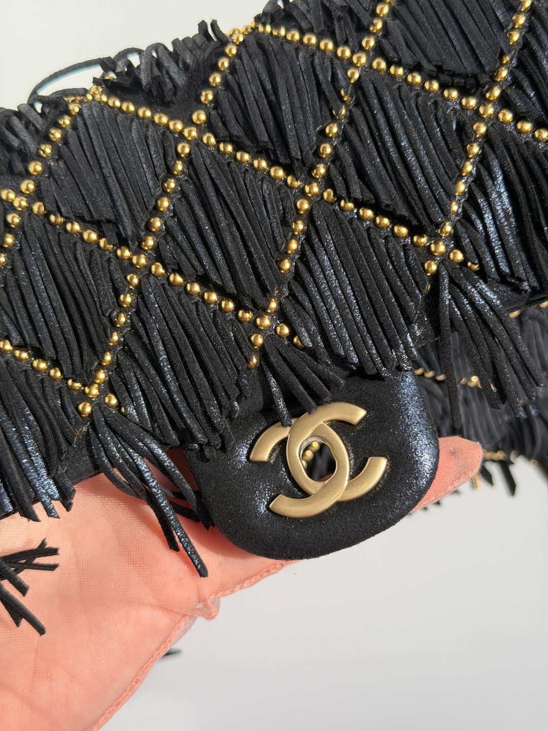 Chanel Paris-Dallas Medium Fringe Flap Bag Black Iridescent Leather Brushed Gold Tone Hardware 2014