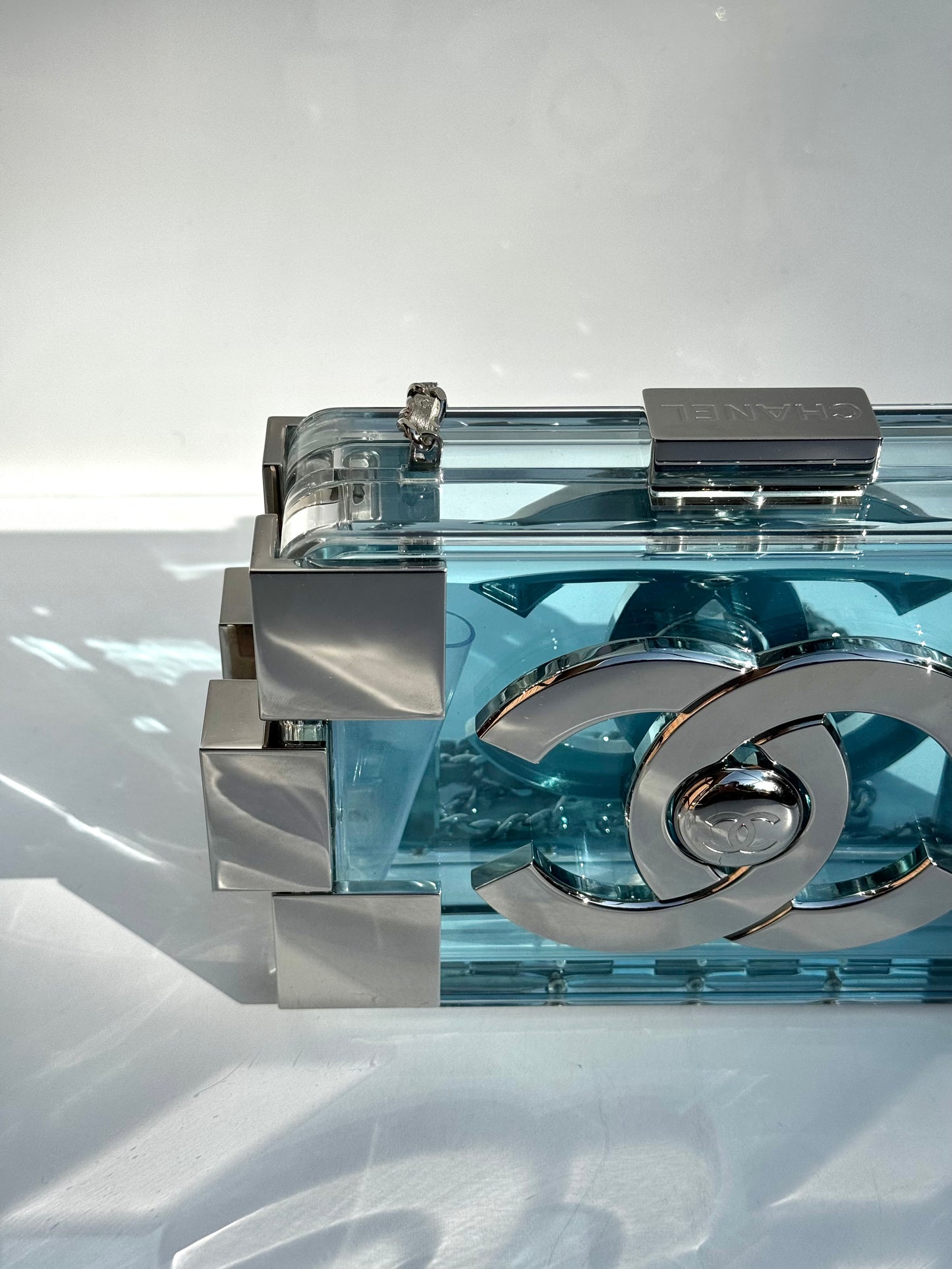 Chanel Plexiglass Blue & Silver Barcode Lego Minaudiere