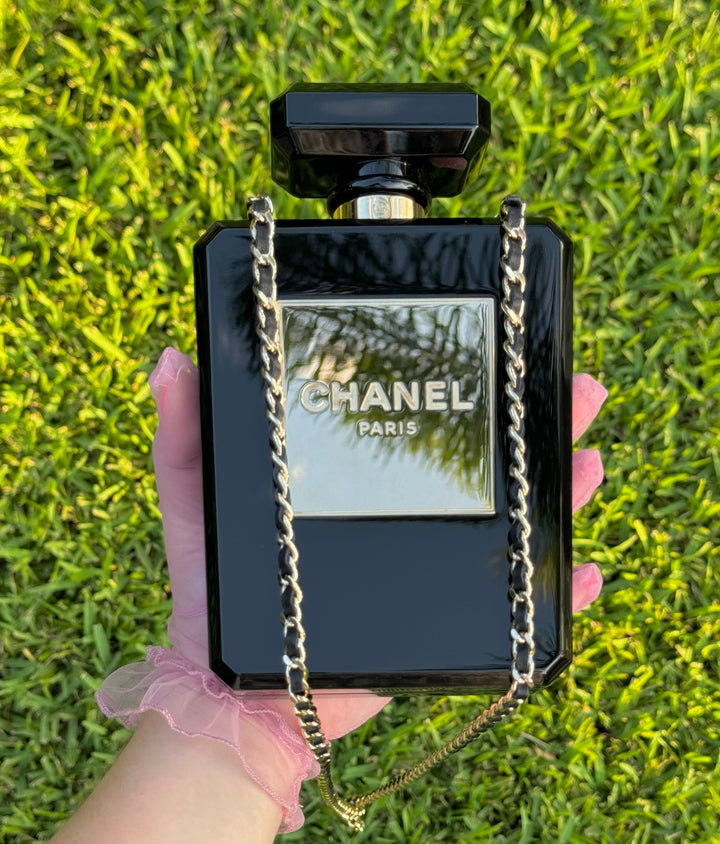 Chanel Black Acrylic Plexiglass Perfume Bottle Minaudière
