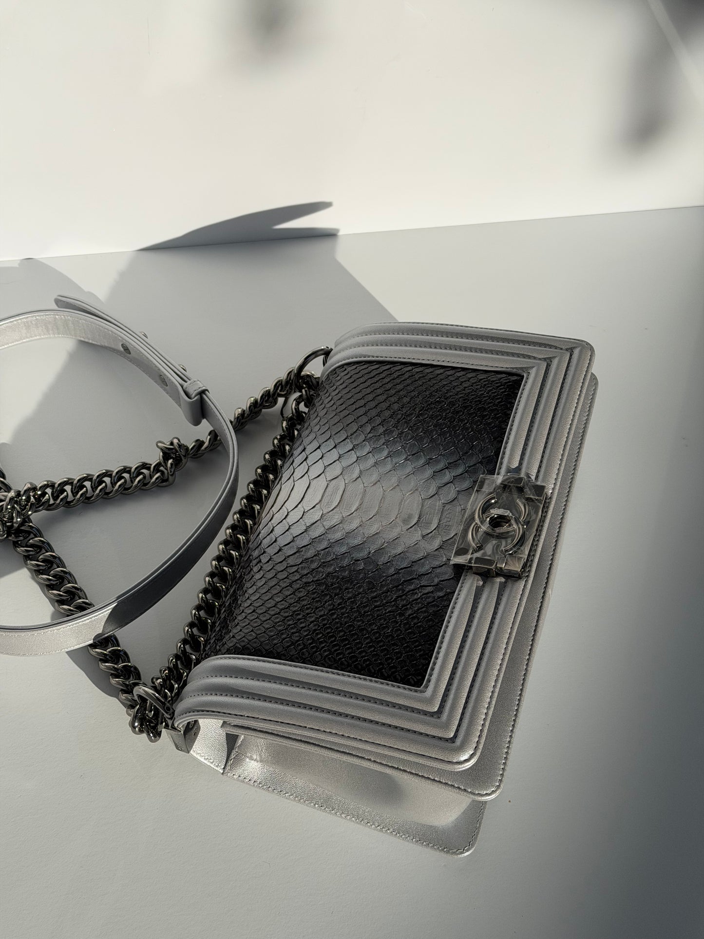 Chanel 16K Silver Python Old Medium Boy Bag