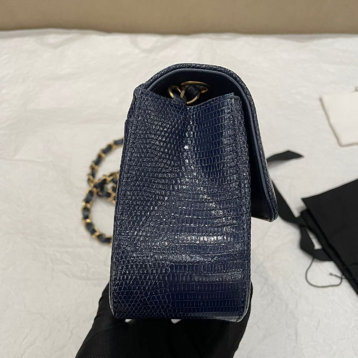 Chanel Navy Blue Lizard Mini Flap Brushed Gold Hardware 2018