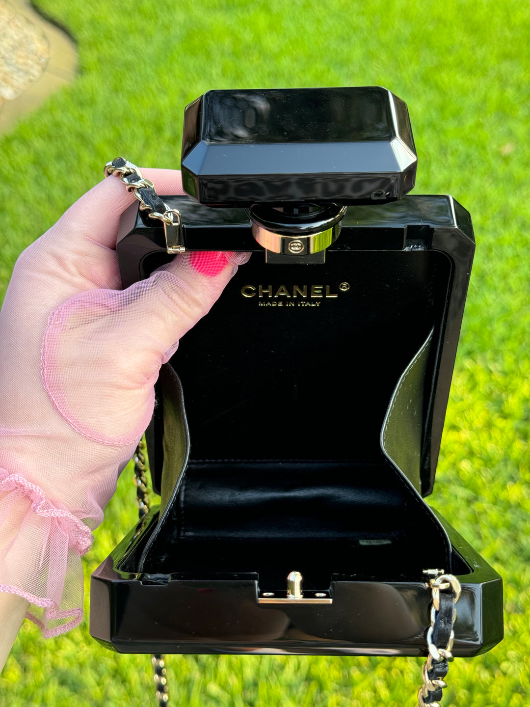 Chanel Black Acrylic Plexiglass Perfume Bottle Minaudière