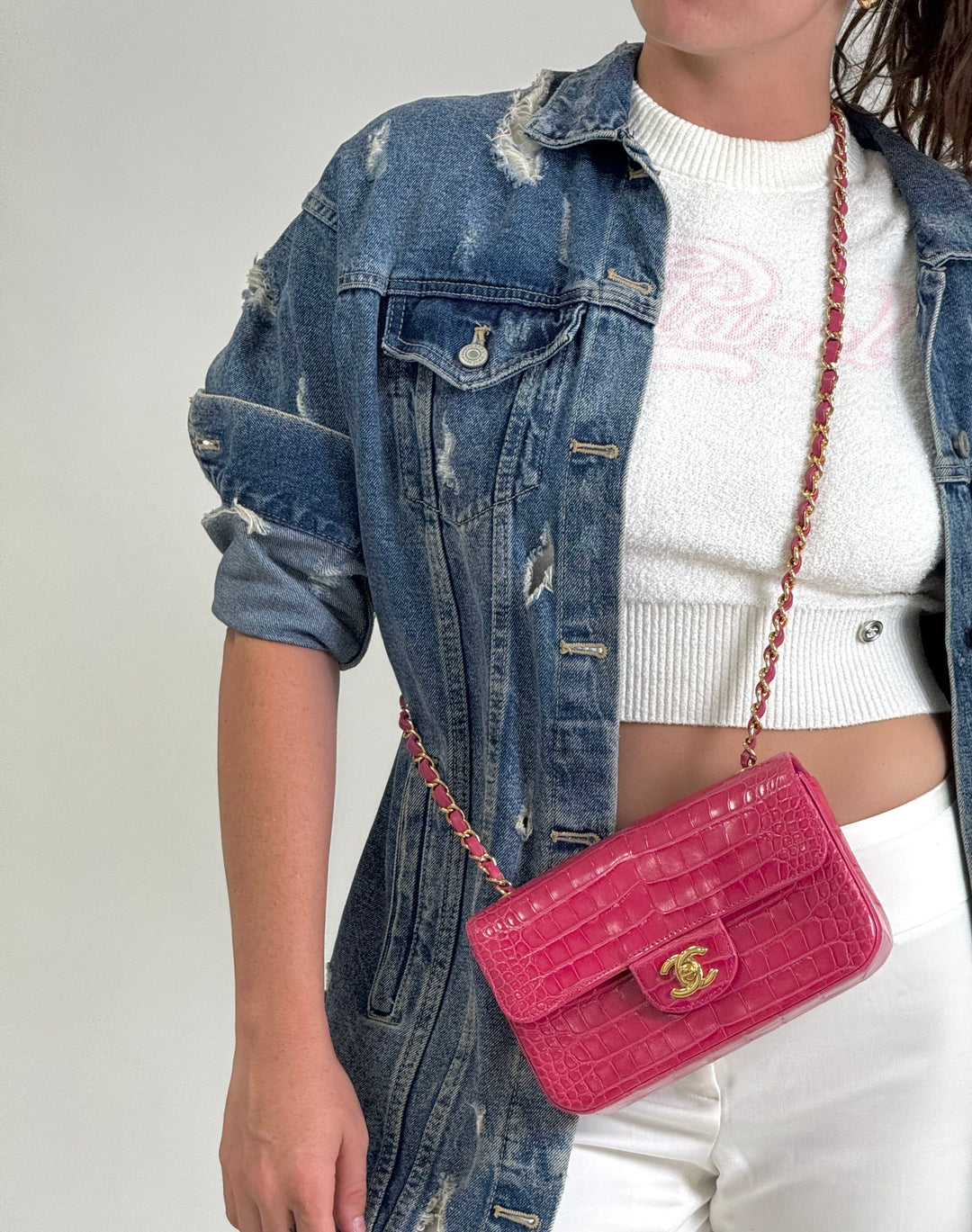 Chanel Pink Crocodile Mini Rectangular Flap Bag