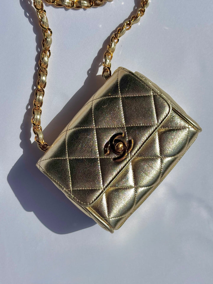 Chanel 1994 Vintage Metallic Gold Extra Mini Flap Bag