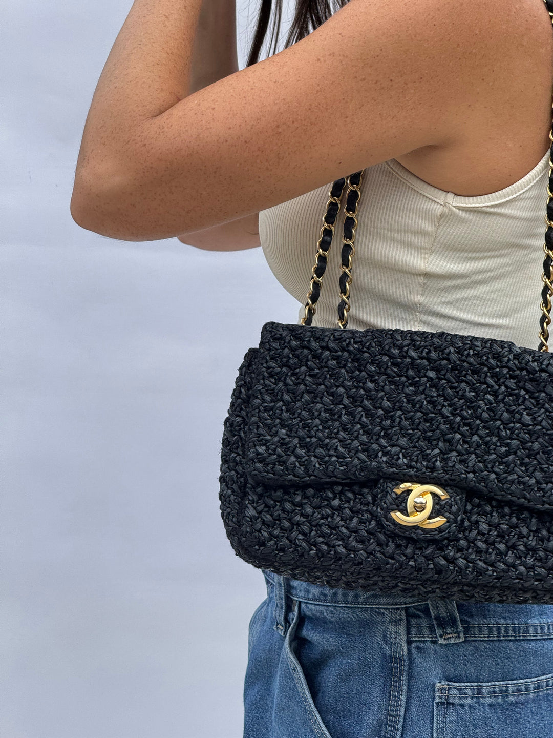 Chanel 18C Black Ancient Greece Raffia Crochet Flap Bag