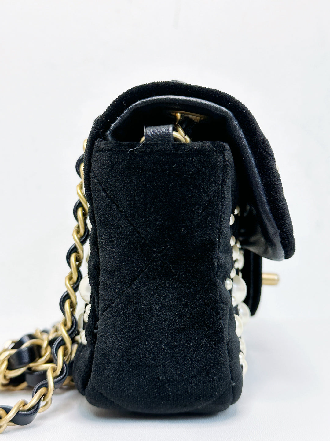 Chanel Black Velvet Mini Pearl Flap Bag
