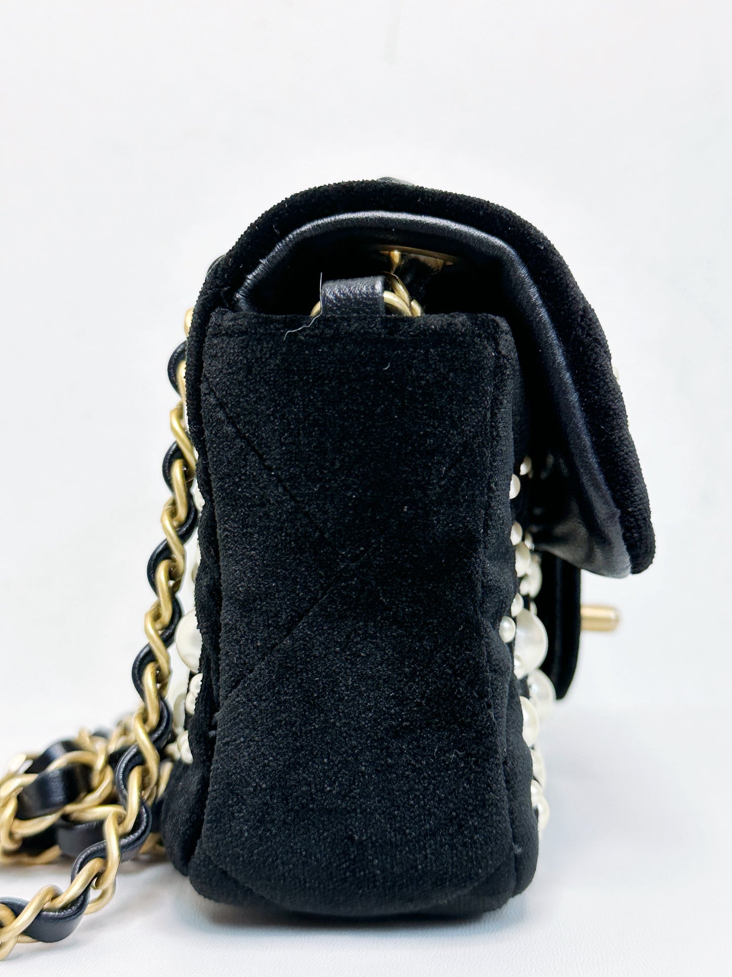 Chanel Black Velvet Mini Pearl Flap Bag