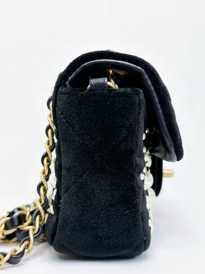 Chanel Black Velvet Mini Pearl Flap Bag