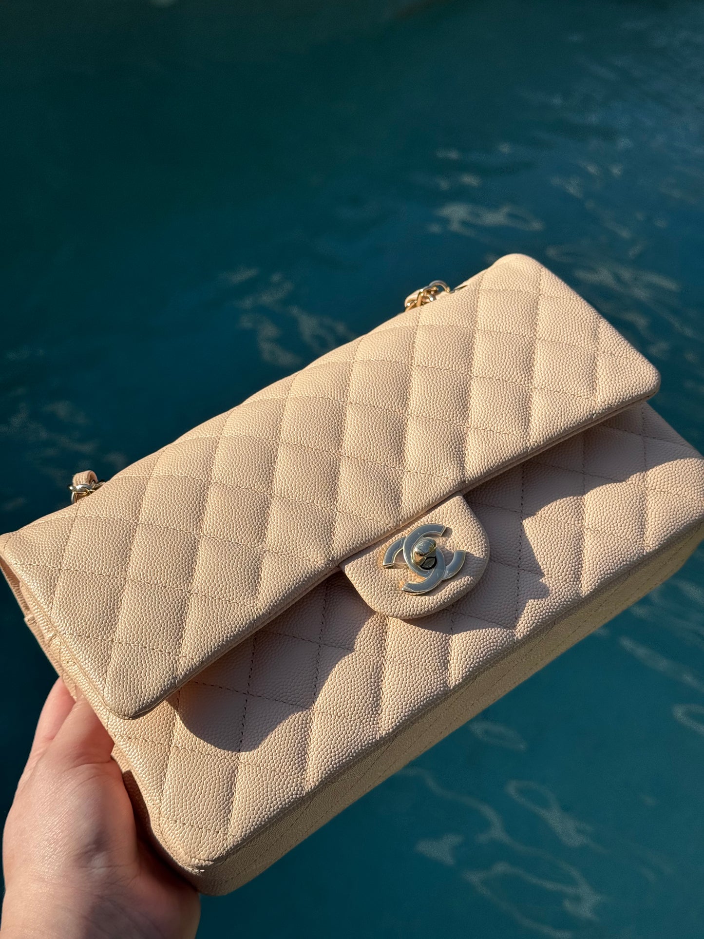 Chanel 22C Light Beige Medium Caviar Double Flap Bag