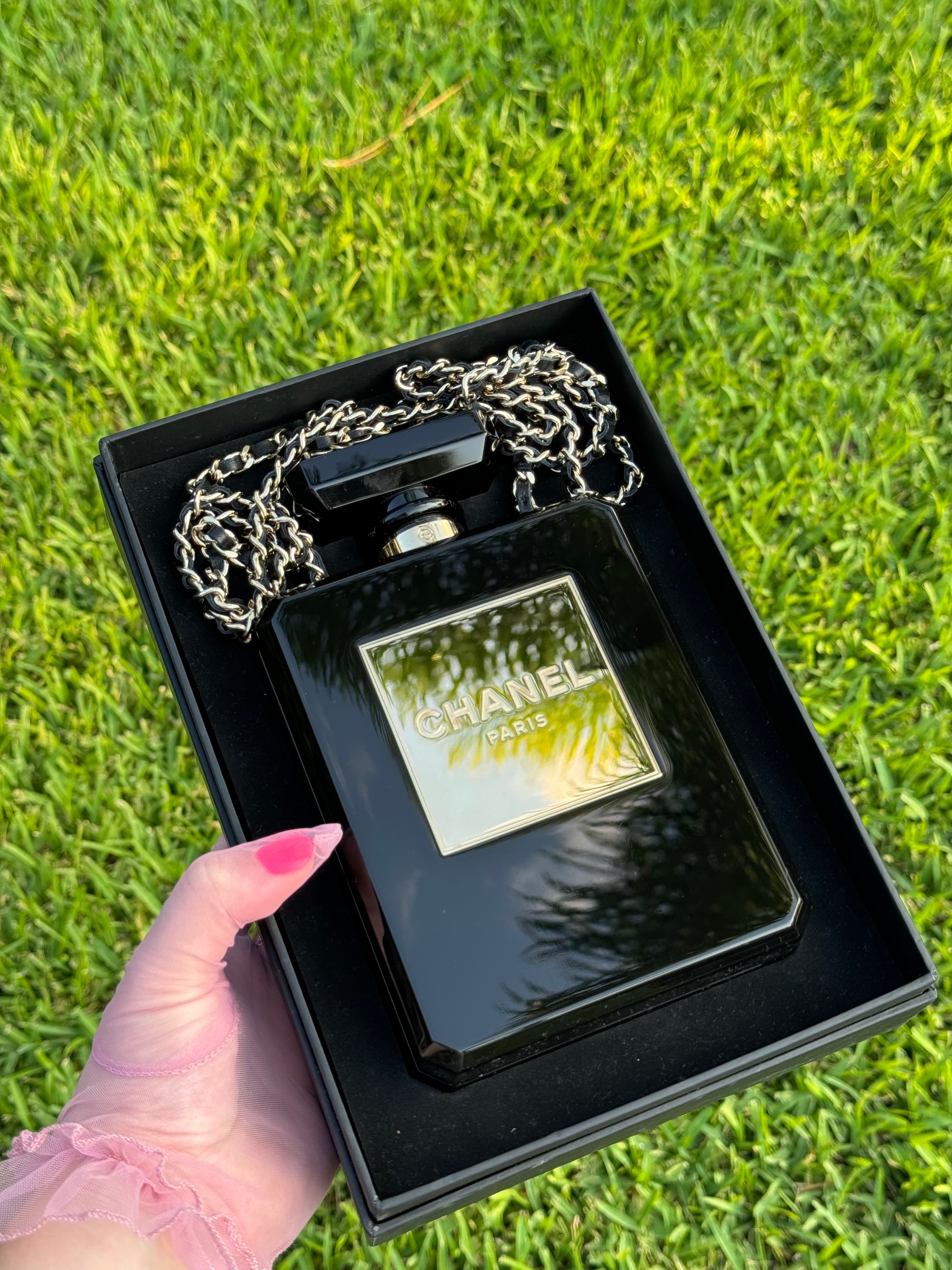 Chanel Perfume Bottle Minaudière Black Acrylic Plexiglass Gold