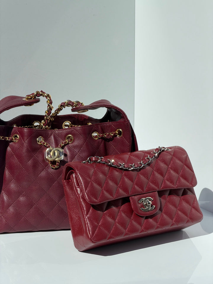 Chanel Small Classic Double Flap Caviar Burgundy Silver Hardware 2020