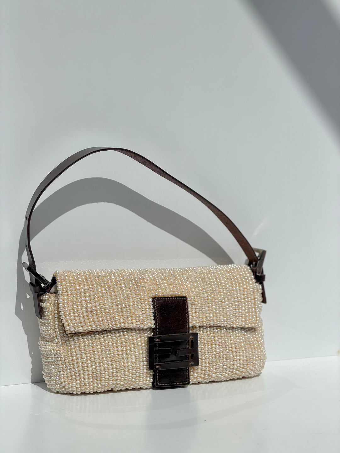 Fendi Pearl Embellished Baguette Brown Leather Trim Silver Hardware 2009