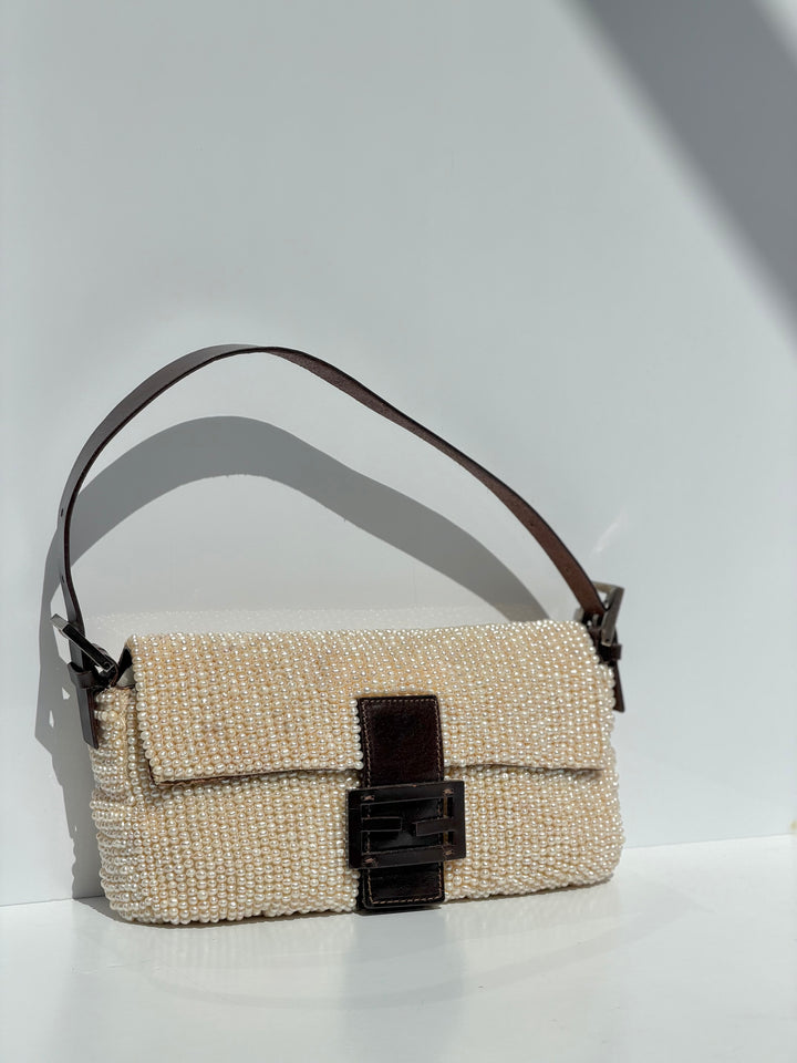 Fendi Pearl Embellished Baguette Brown Leather Trim Silver Hardware 2009