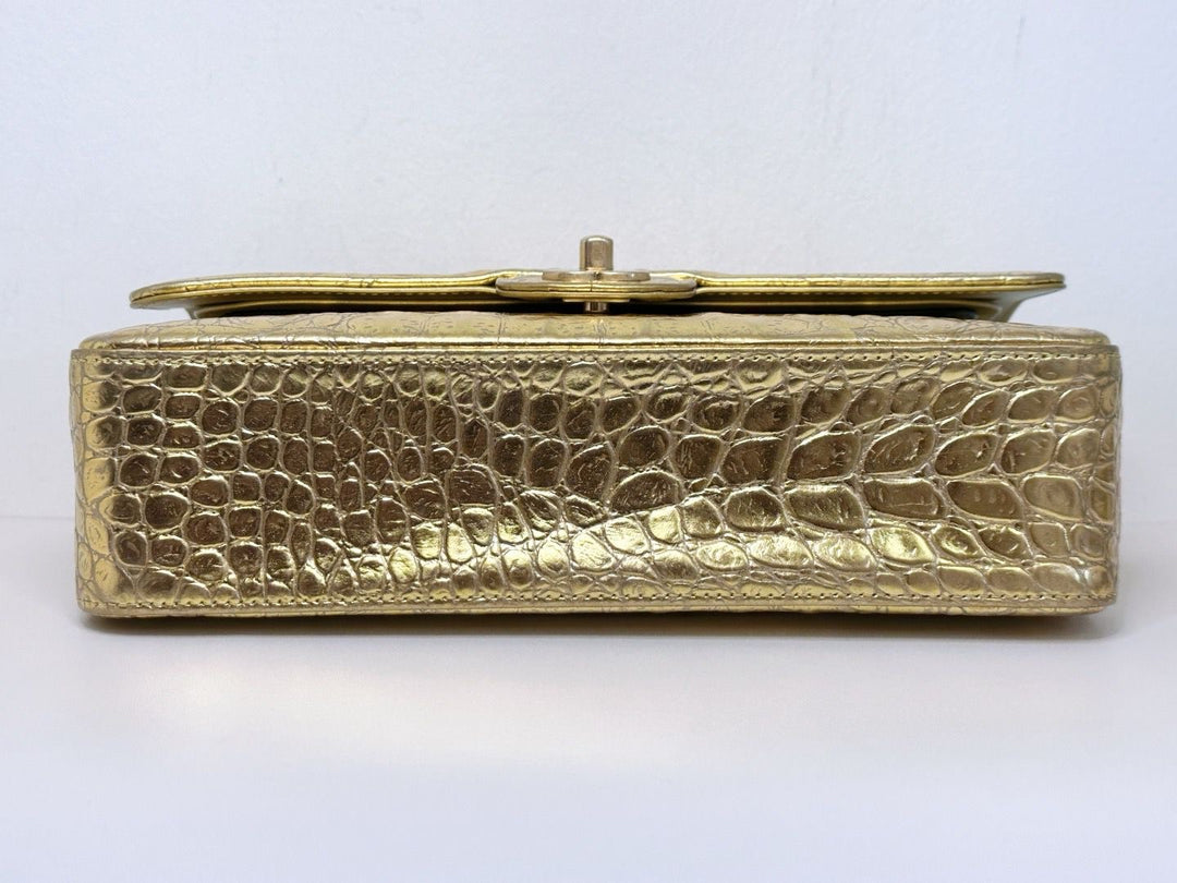 Chanel Metallic Gold Croc Embossed Medium Classic Flap Bag