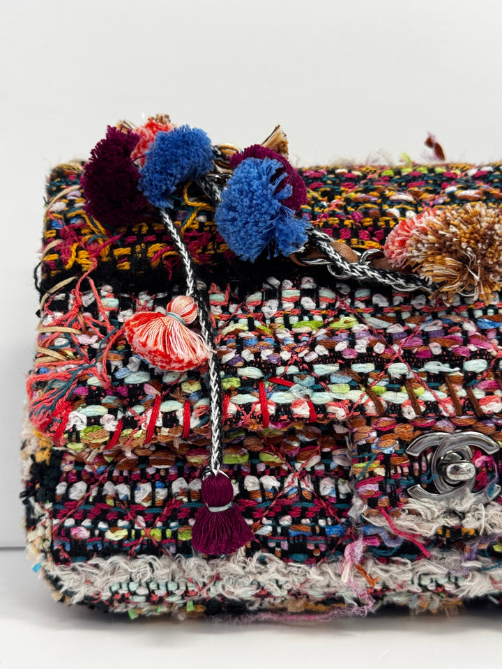 Chanel Medium Multicolor Tweed Pom Pom Flap