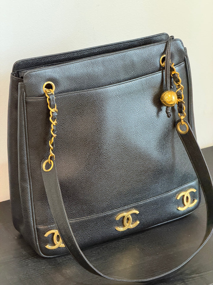 Chanel Black Caviar Triple Coco CC Tote Bag 24K Gold Plated Hardware 1994