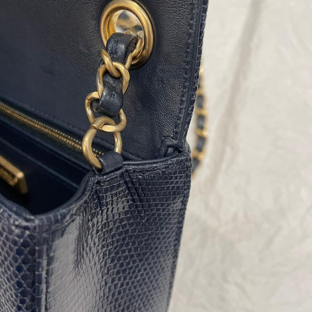 Chanel Navy Blue Lizard Mini Flap Brushed Gold Hardware 2018