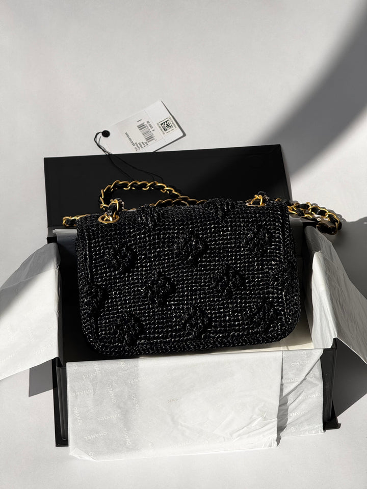 Chanel 24P Black Braided Raffia Mini Flap Bag