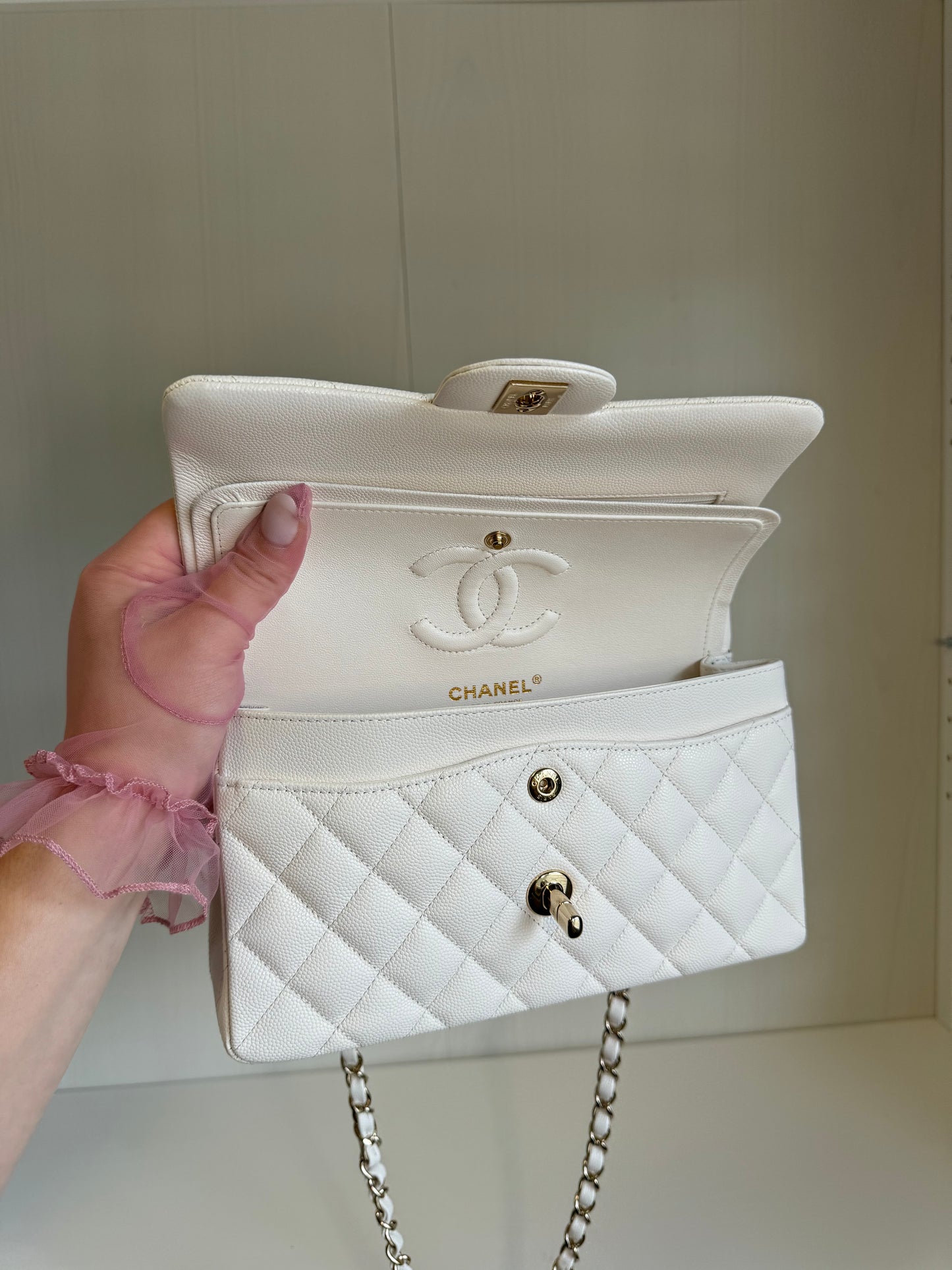 Chanel White Small Caviar Classic Flap Bag