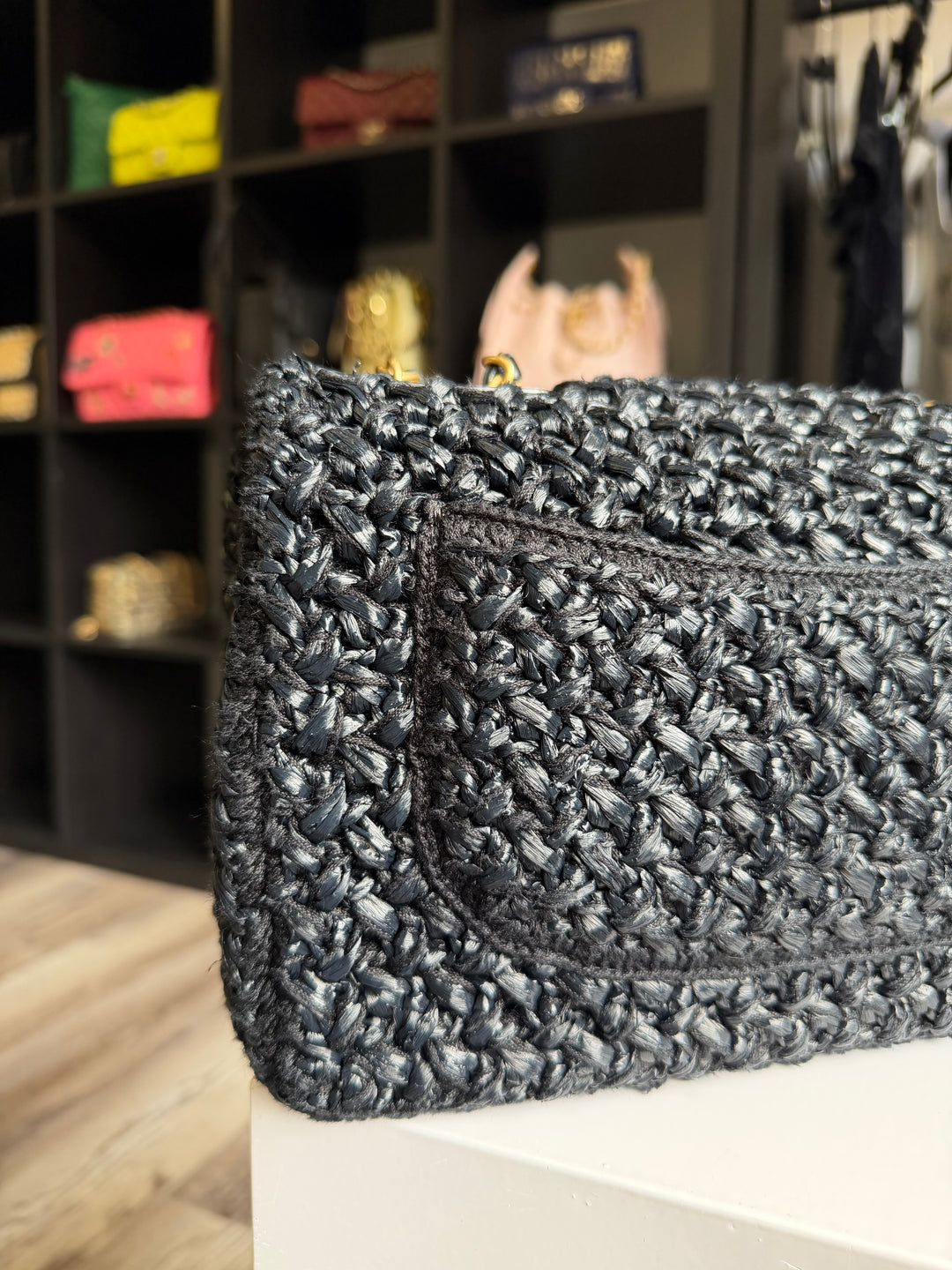 Chanel 18C Black Ancient Greece Raffia Crochet Flap Bag