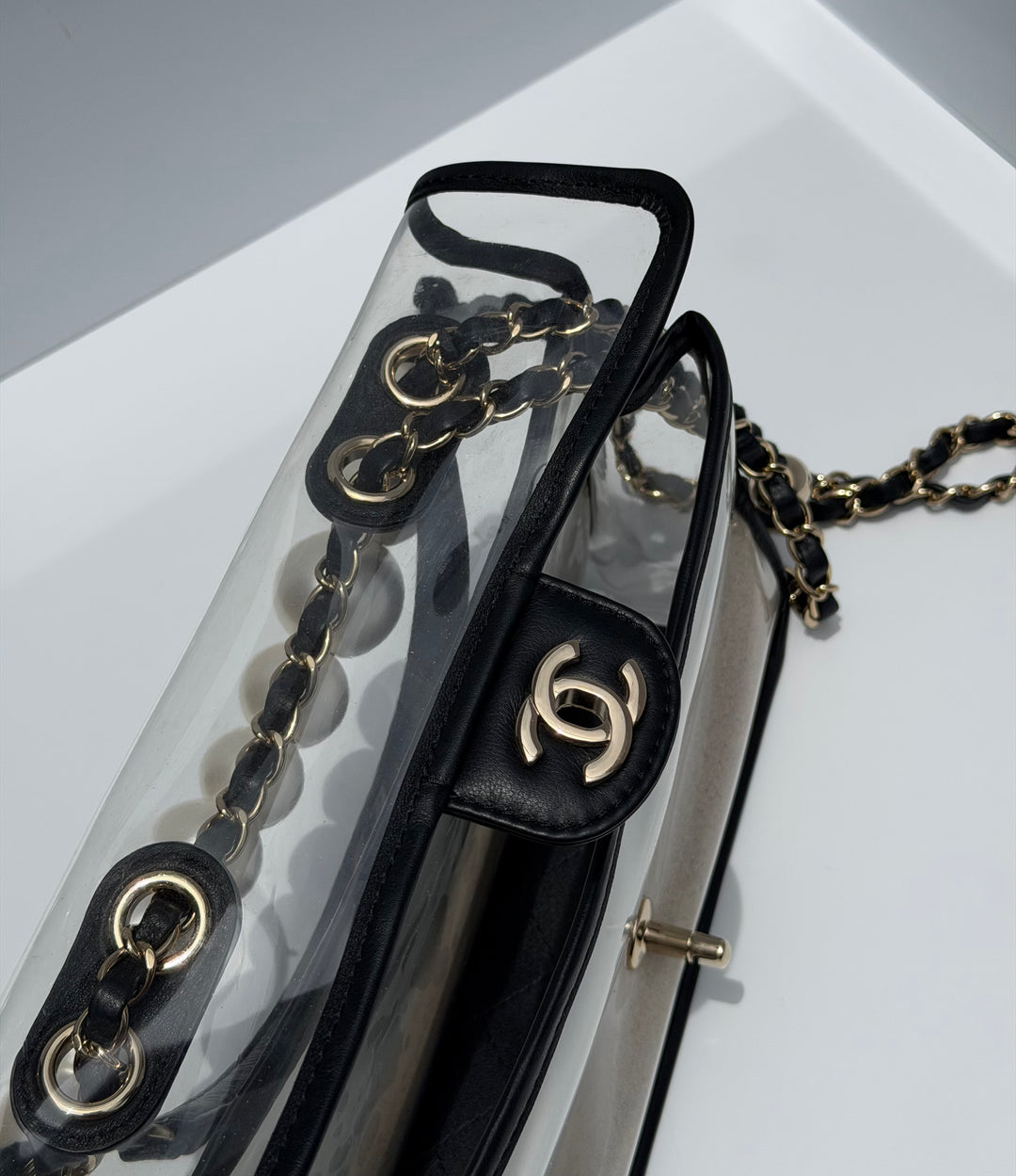 Chanel Sand By The Sea Pearl Strap Flap Bag PVC Black Light Gold Hardware 2019