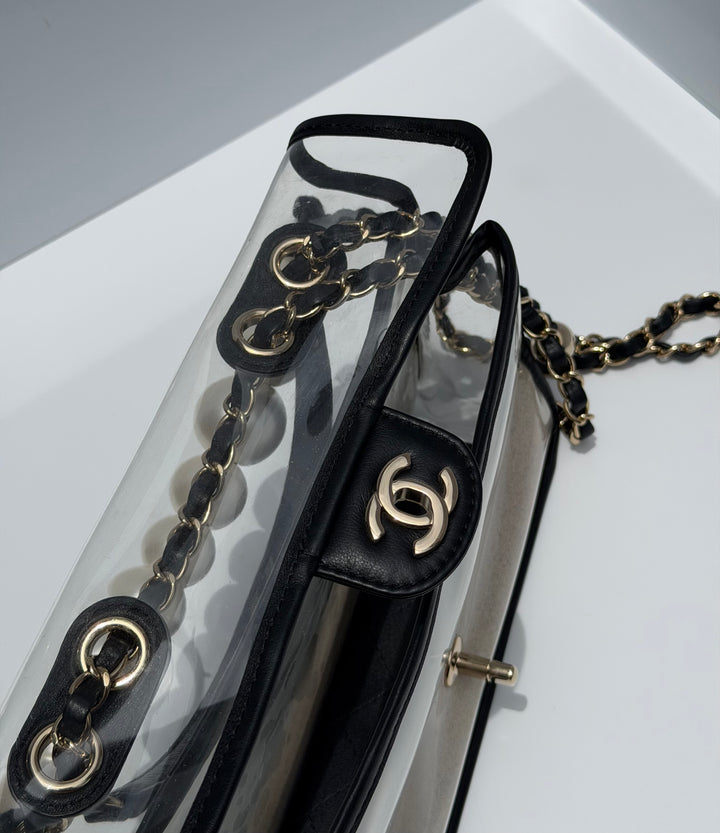 Chanel Sand By The Sea Pearl Strap Flap Bag PVC Black Light Gold Hardware 2019