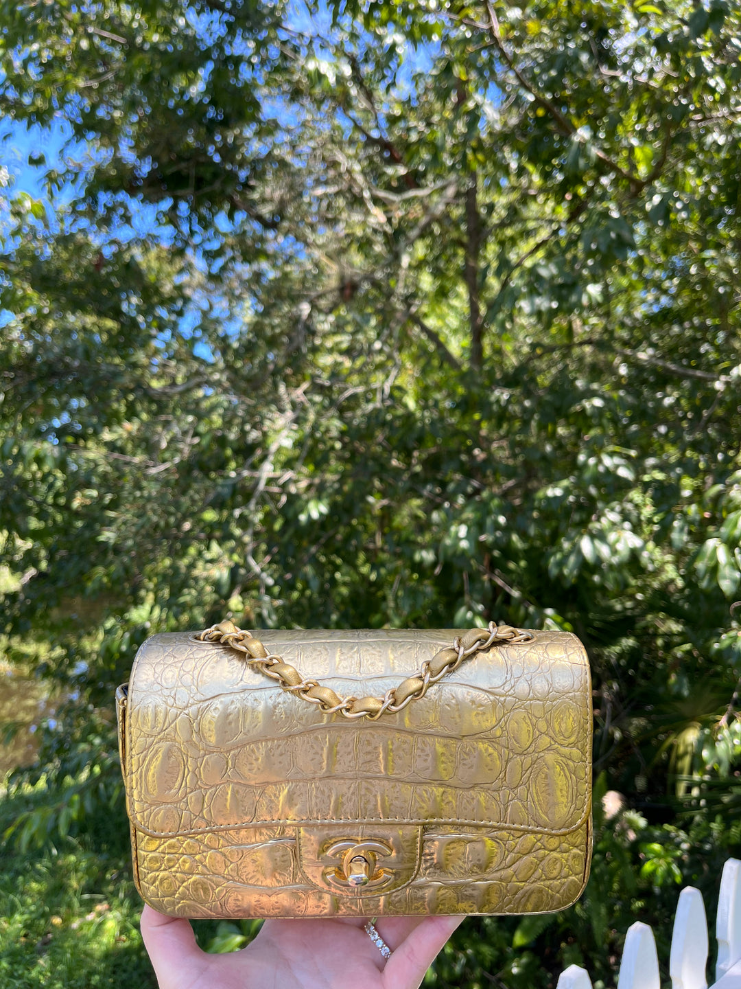 Chanel Gold Croc Embossed Mini Rectangular Flap Bag