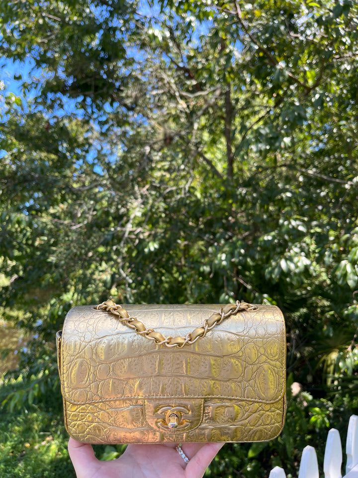 Chanel Gold Croc Embossed Mini Rectangular Flap Bag