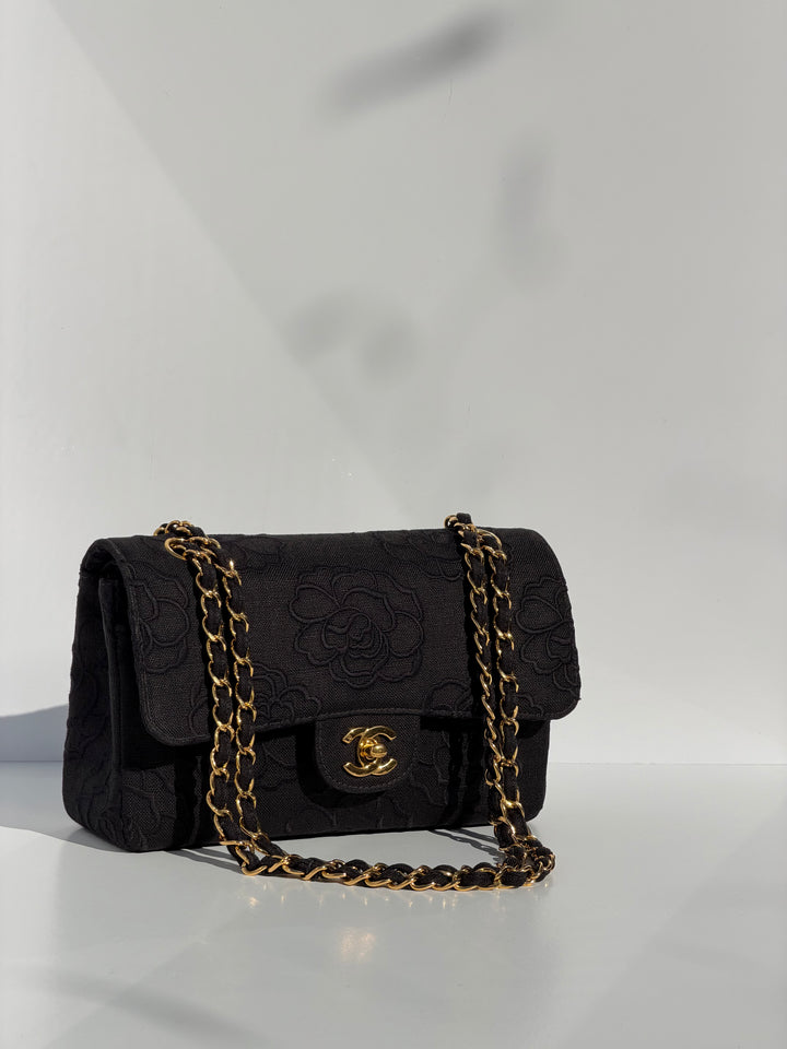 Chanel 1997 Small 24K Black Camellia Classic Flap Bag