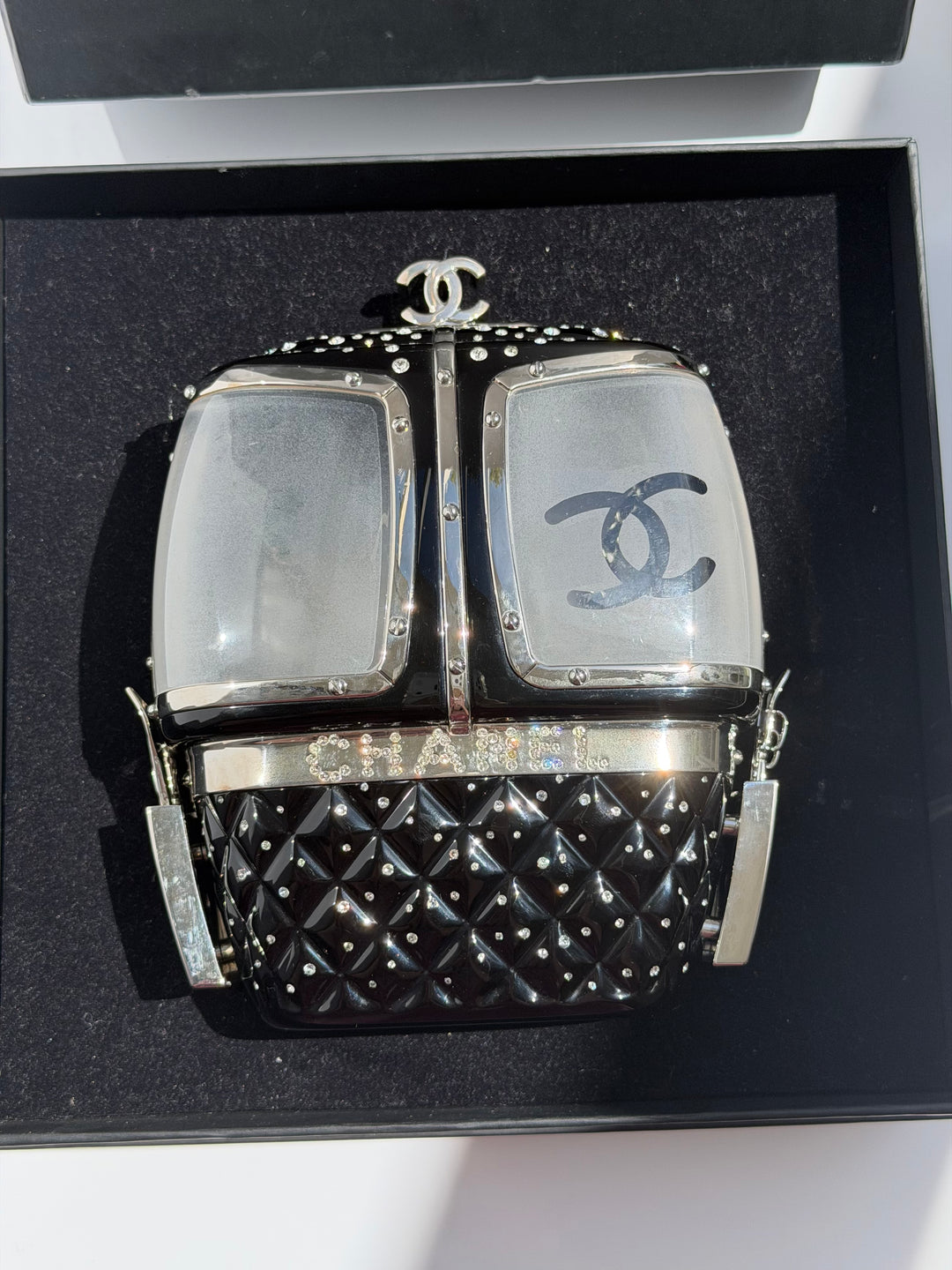 Chanel Ski Gondola Swarovski Minaudière Black Silver Hardware 2019