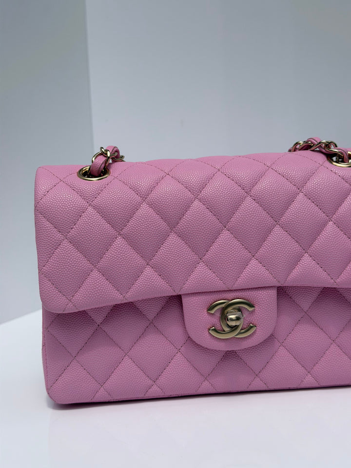 Chanel Small Classic Double Flap Caviar Pink Light Gold Hardware 2023