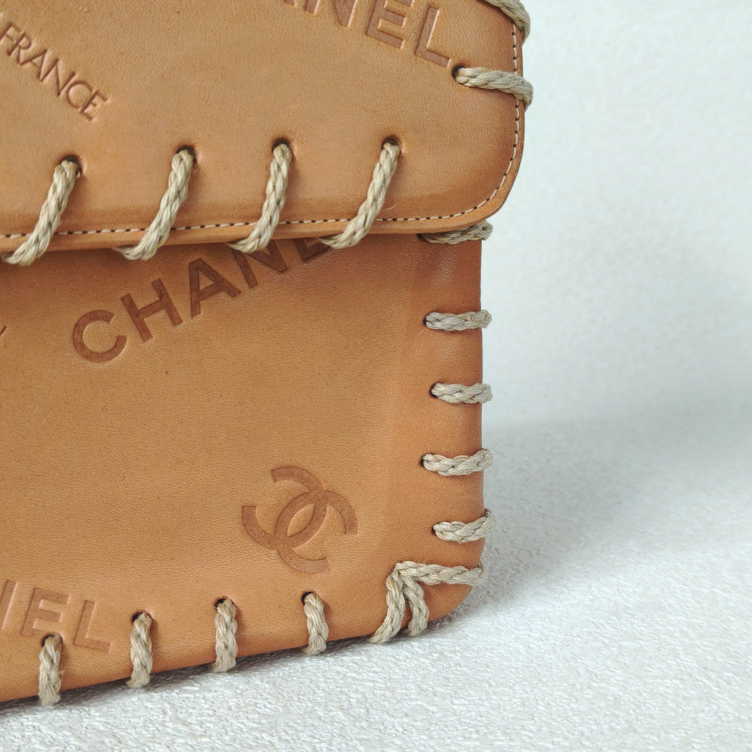 Chanel Maxi Classic Flap Bag Tan Debossed Logo Calfskin Whipstitched Gold Hardware 1994