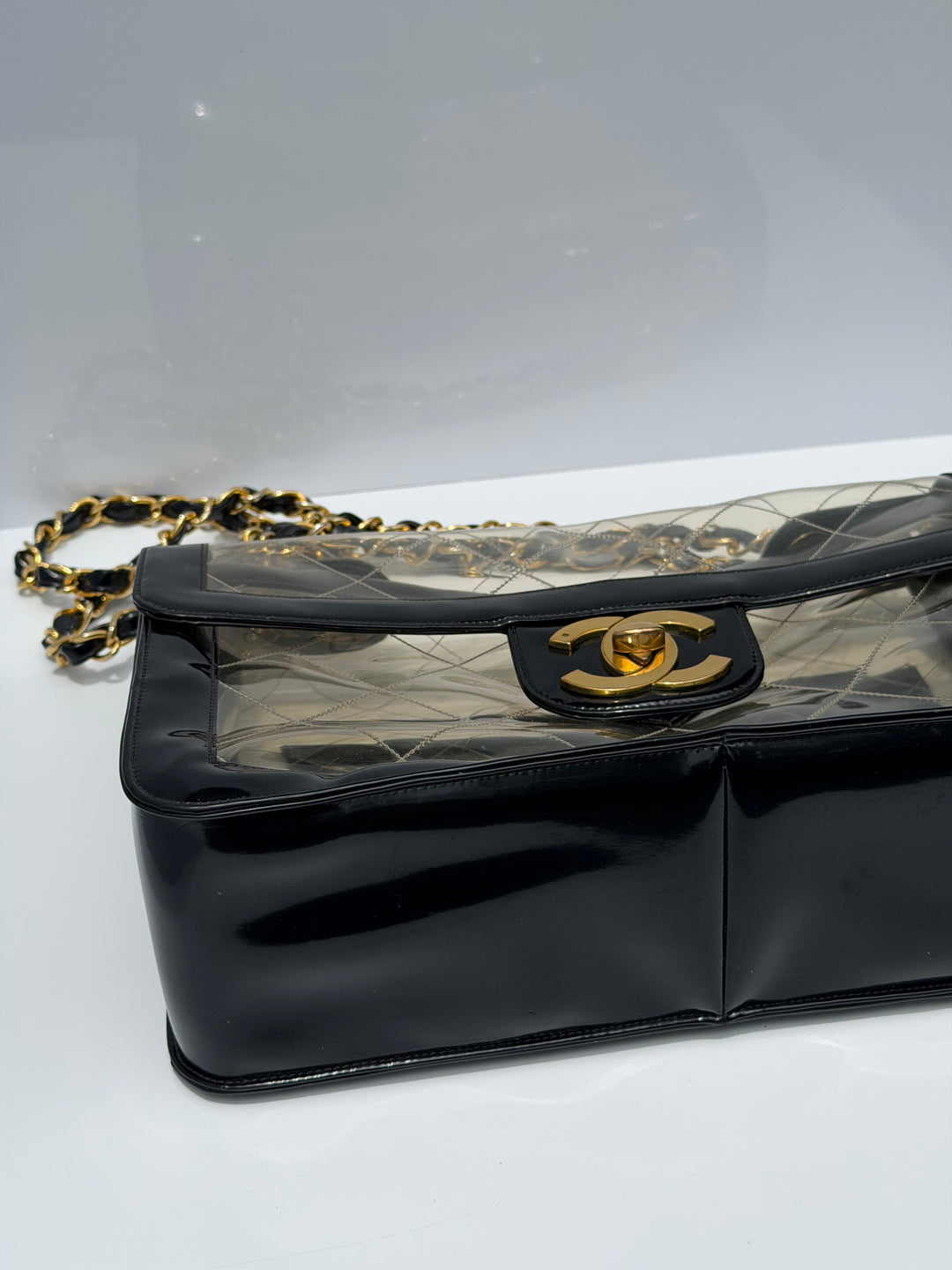 Chanel Maxi Classic Flap Bag Clear Vinyl Black Patent Leather Gold Hardware 1994