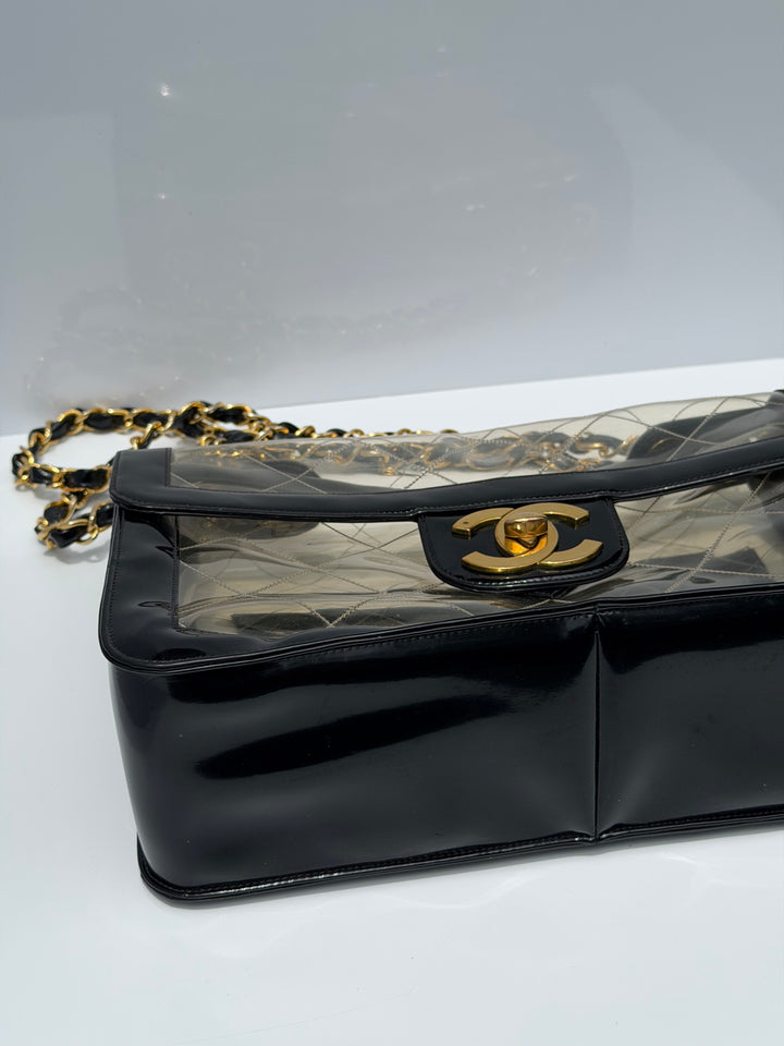 Chanel Maxi Classic Flap Bag Clear Vinyl Black Patent Leather Gold Hardware 1994