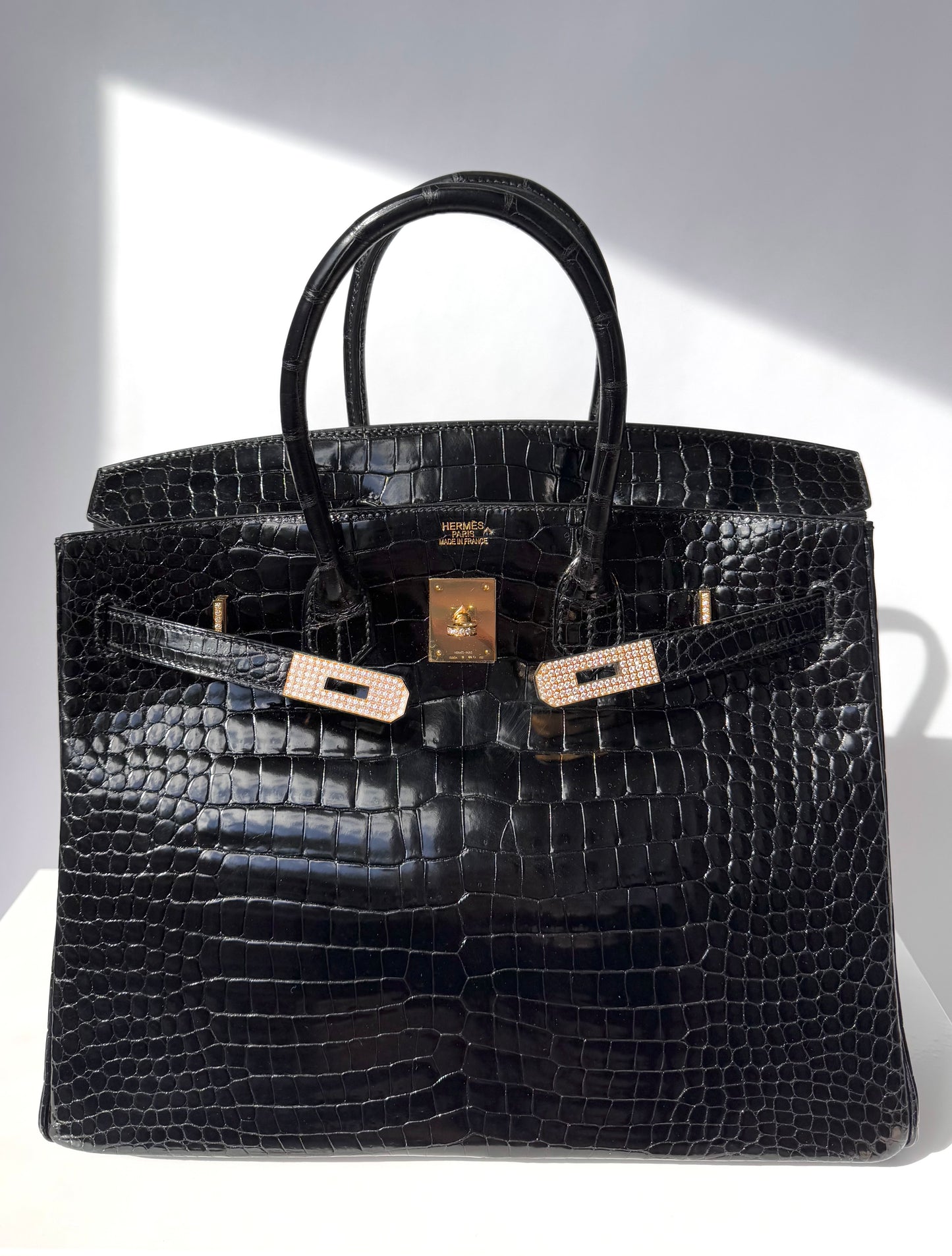 Hermes 18K Yellow Gold Diamond Black Porosus Crocodile Birkin 35