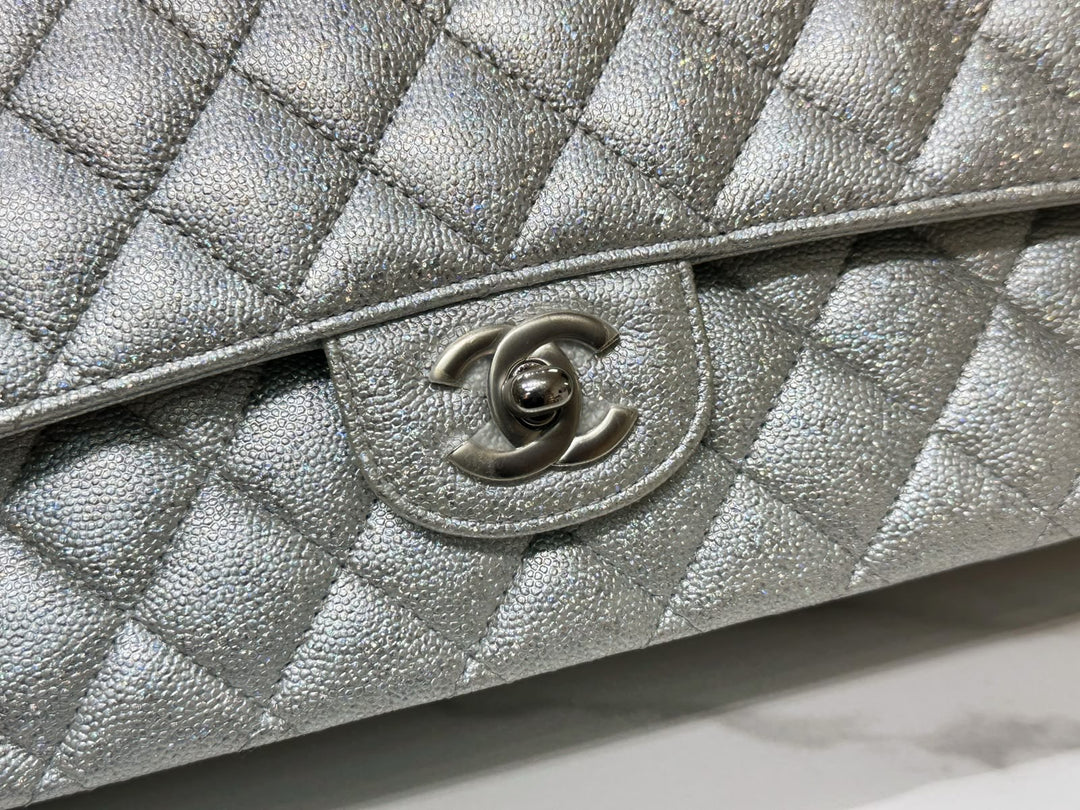 Chanel 21K Medium Flap Bag Silver Metallic Caviar Leather Silver Tone Hardware 2021