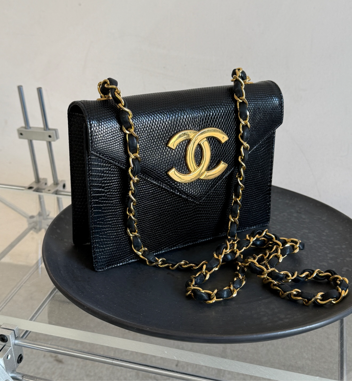 Chanel 1991 Black Lizard CC Envelope Flap Bag