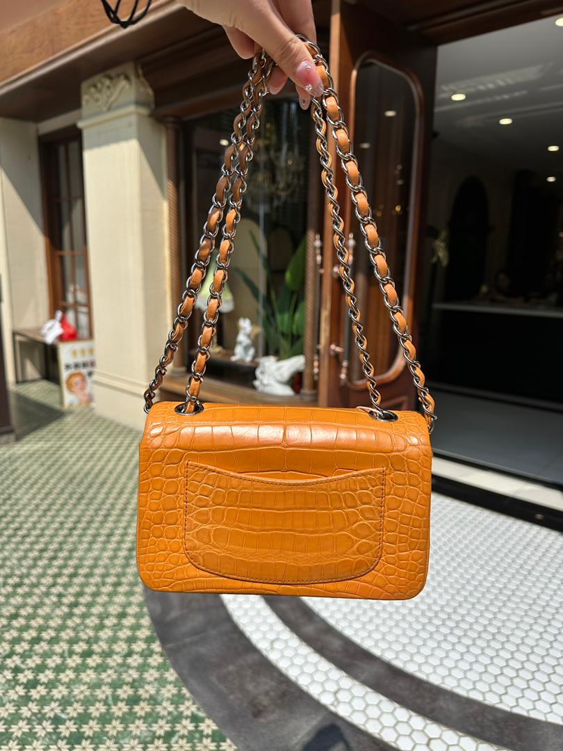 Chanel Orange Matte Croc Mini Flap Silver Hardware 2014