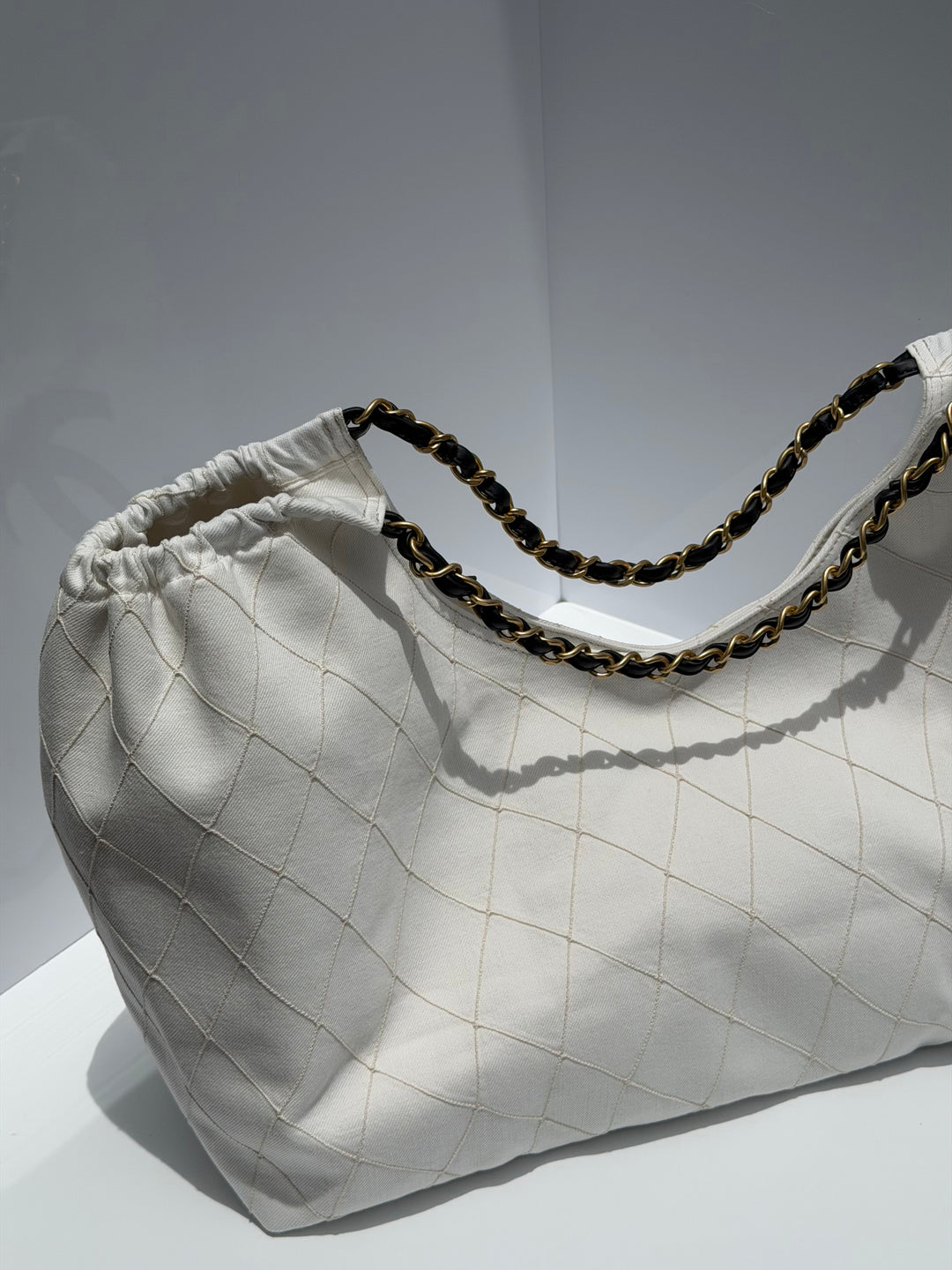 Chanel Coco Beach Maxi Shopping Bag White Denim Black Calfskin Gold Hardware 2026