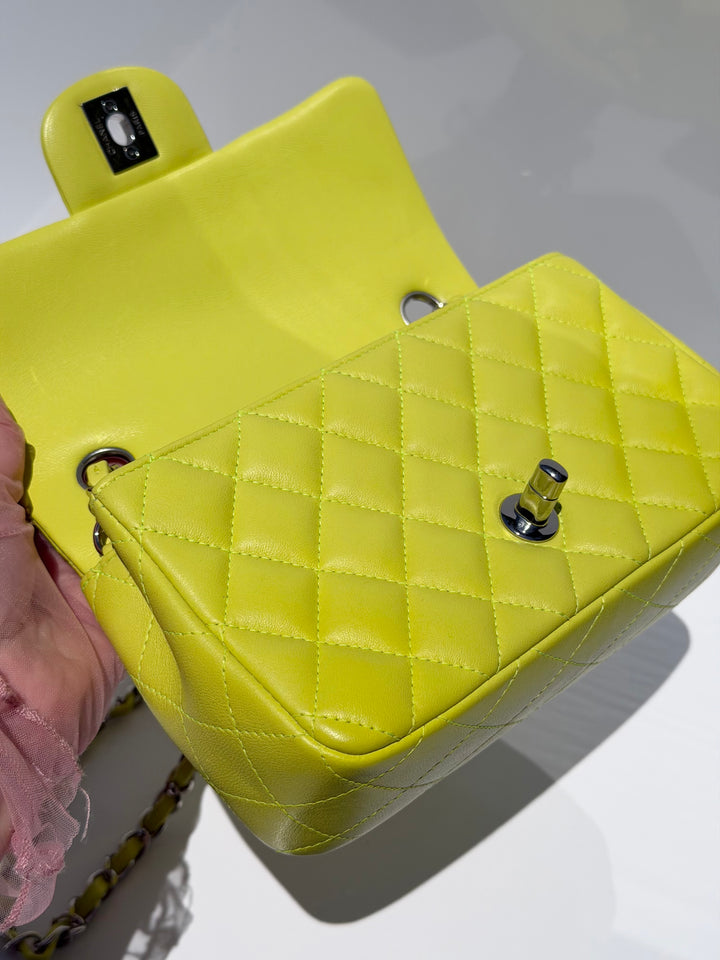 Chanel 21S Mini Classic Flap Lambskin Yellow Silver Hardware